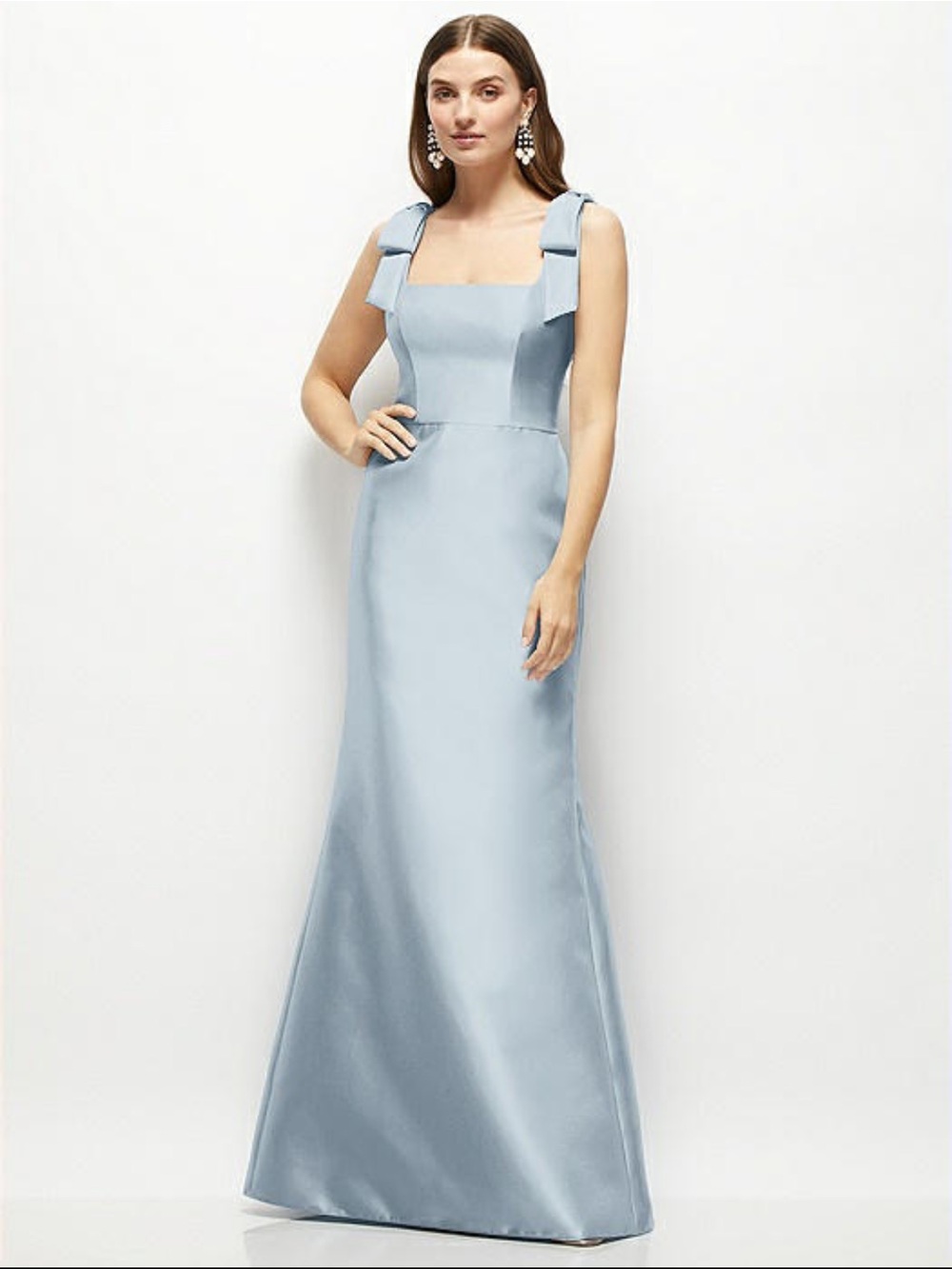 ALFRED SUNG Pale Blue Satin Square-Neck Maxi Gown with Shoulder Bows
